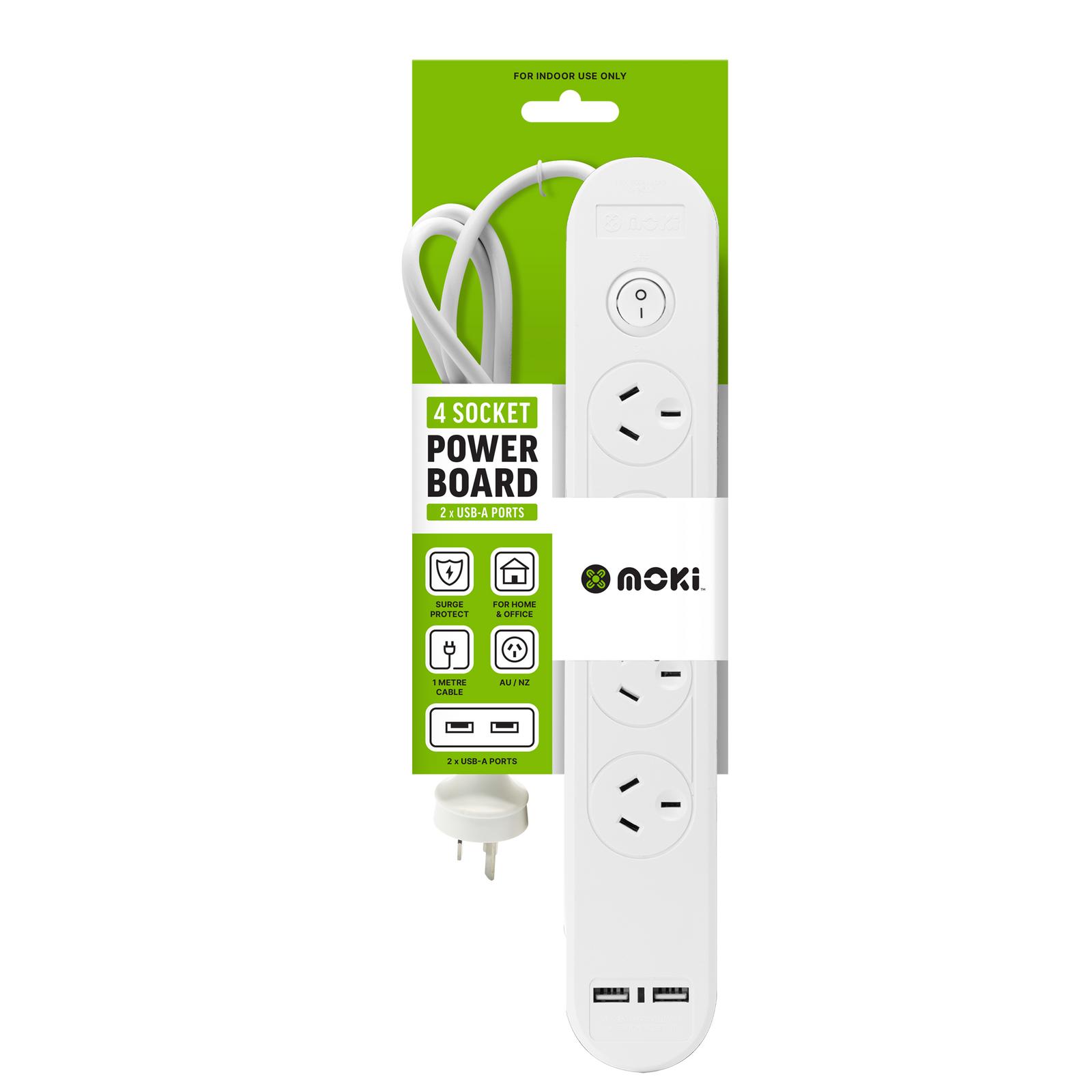 Moki Powerboard - 4 Socket + 2 USB-A + 1 Switch